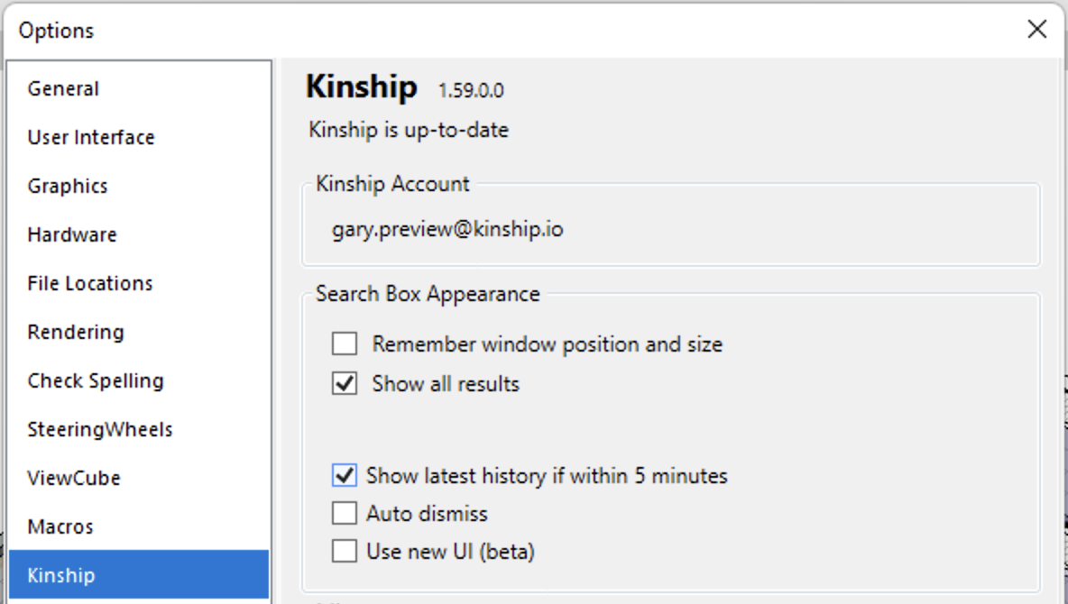 'Show latest history if within 5 minutes' menu screenshot from Kinship